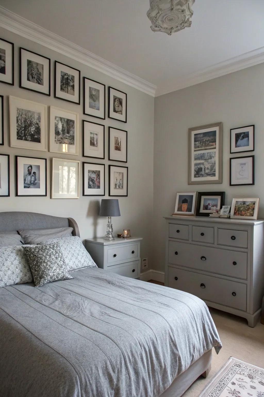 An art wall with grey frames personalises the space.