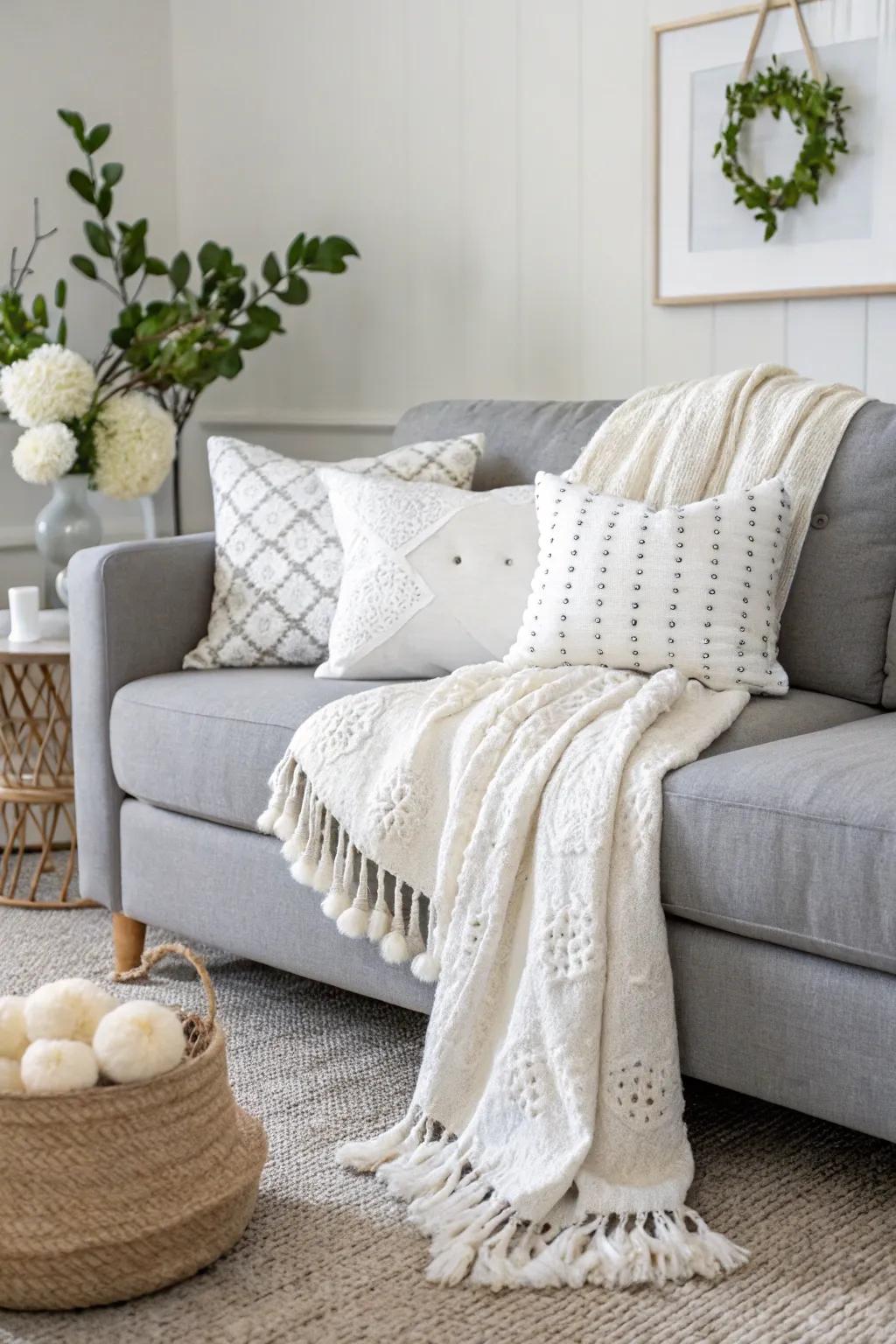 White elements brighten up a room featuring a charcoal sofa.