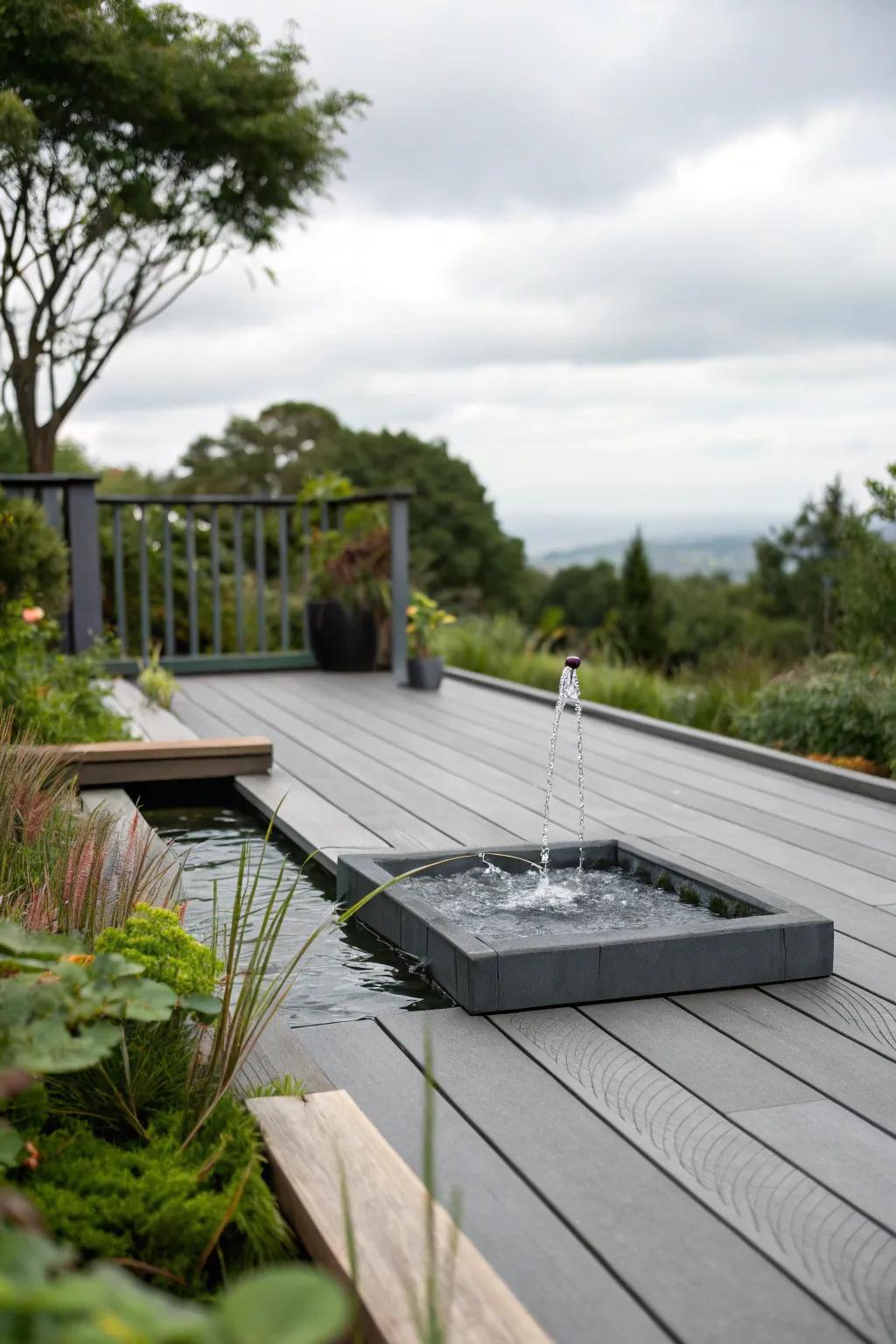 A relaxing water feature beautifying a grey patio.