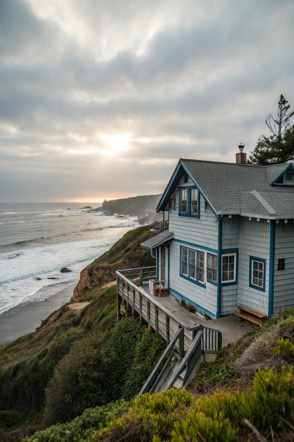 Gentle grey with azure accents evokes a calming coastal vibe.
