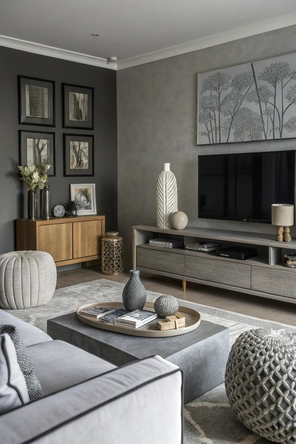Layered greyish tones craft a sophisticated and contemporary monochrome living space.