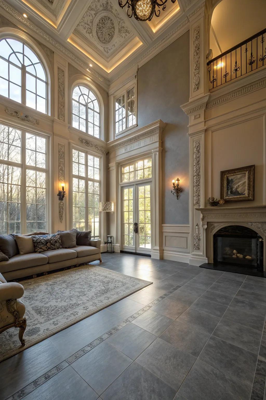 Structural components shine with grey flooring.