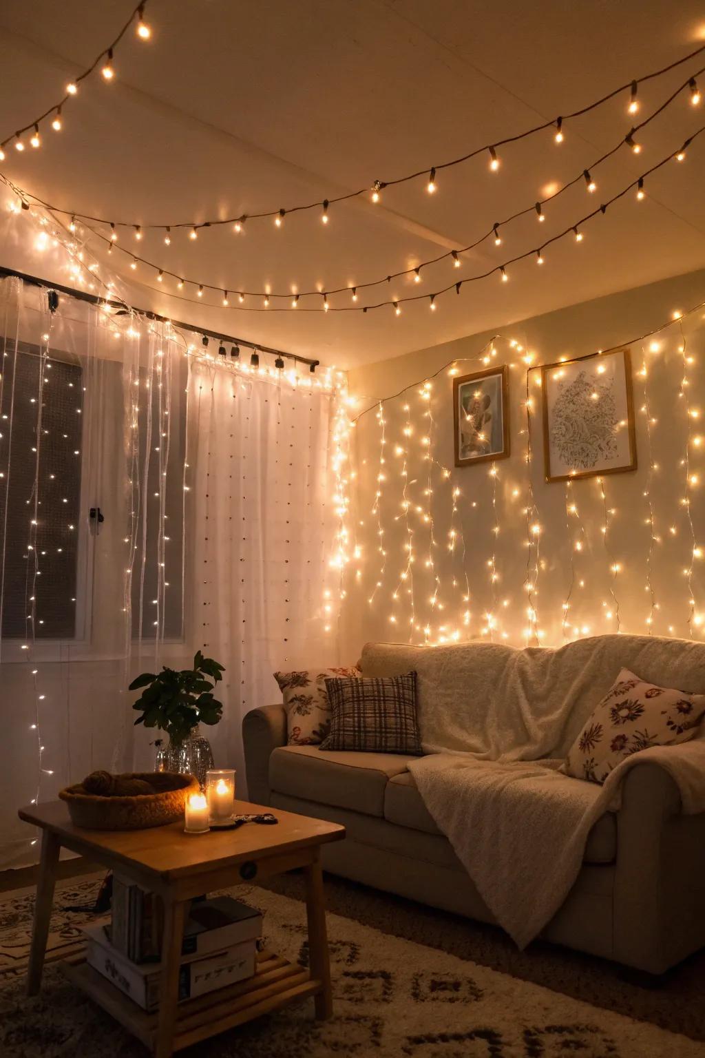 Pixie lights contribute a whimsical and magical touch.