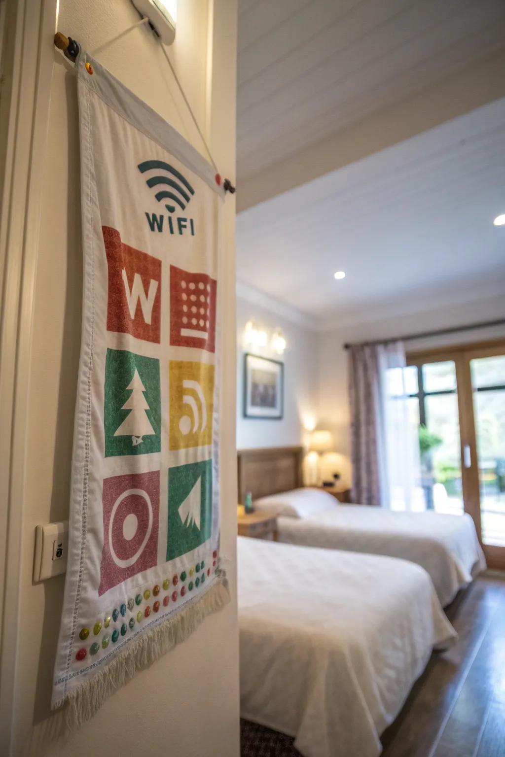 A fabric banner softly presenting WiFi details in an inviting guest room.