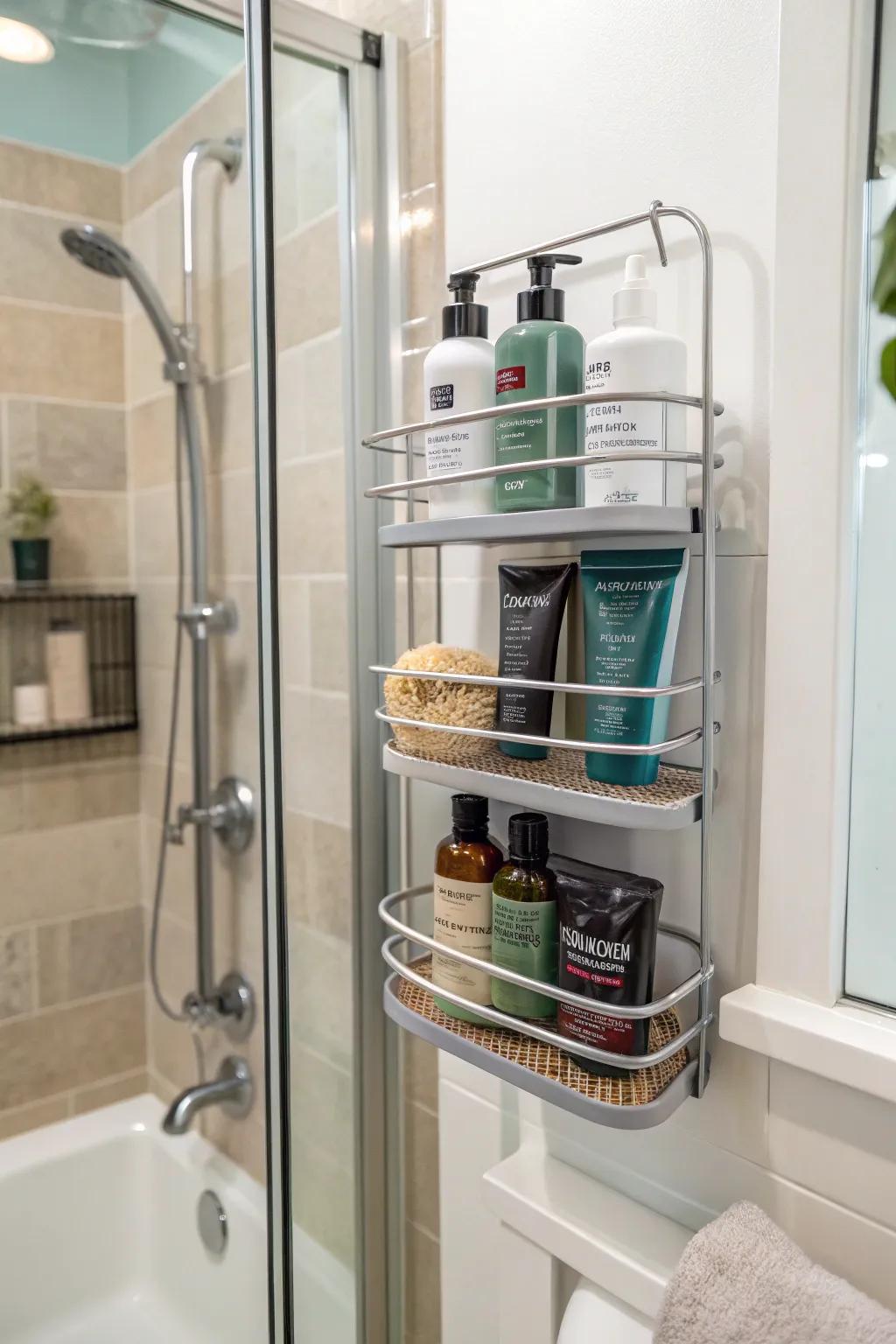 Traditional shampoo holder for keeping hair products at hand.
