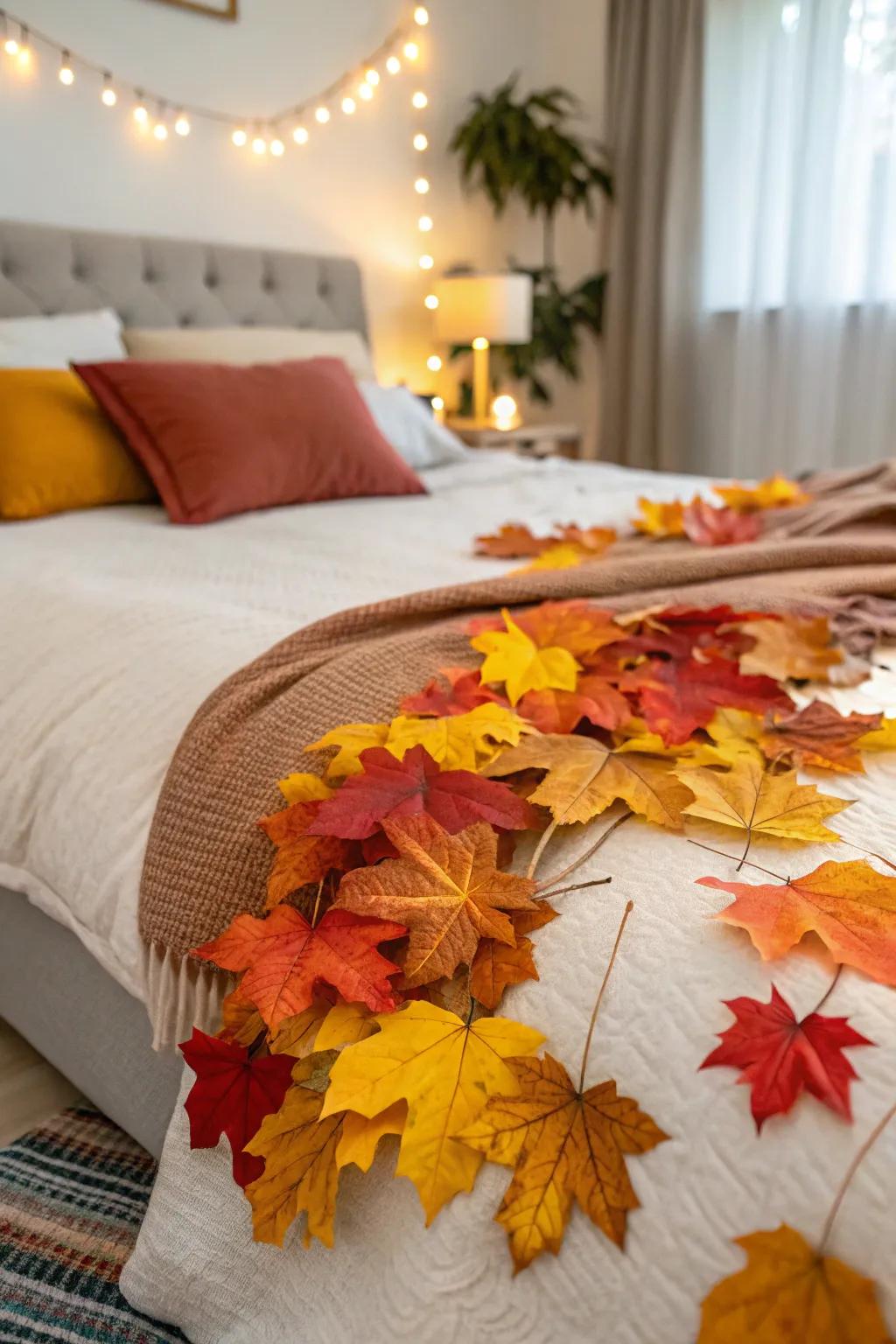 Faux fronds bring autumn colors into your Halloween design.