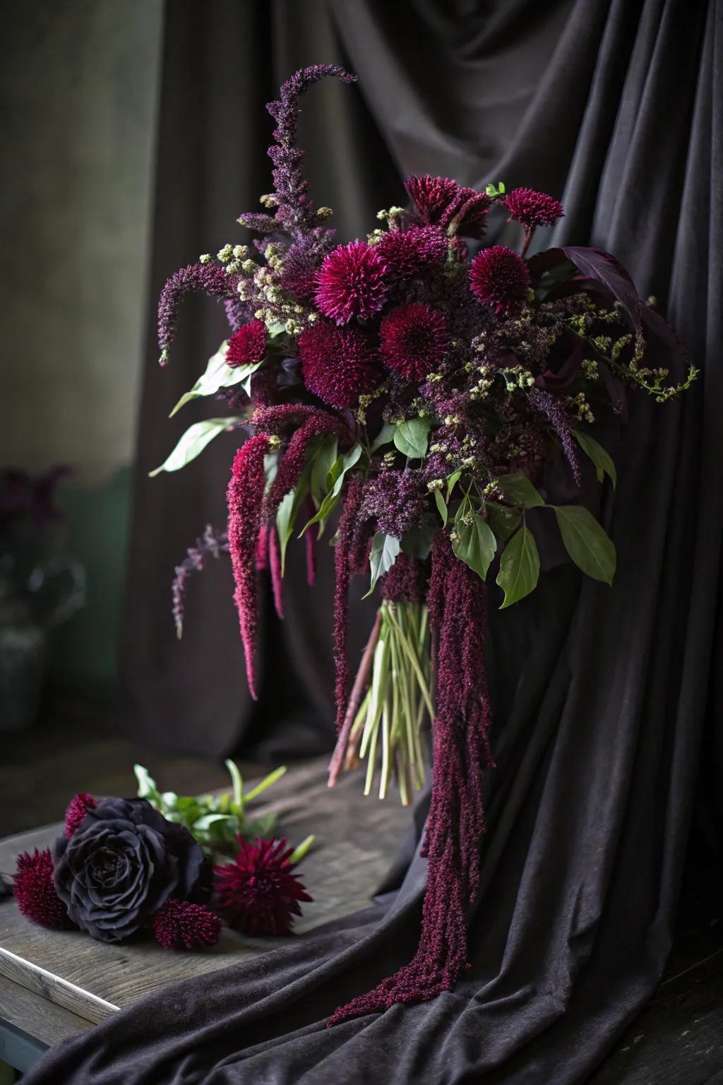 'Love Weeping' amaranthus offers a cascade of color and mystery to this compelling Halloween creation.