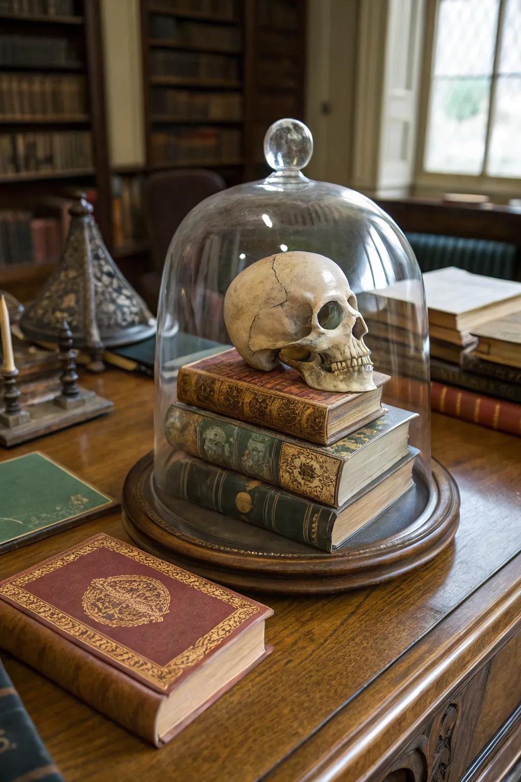 A vintage tome pile beneath a display cover with a Halloween twist.