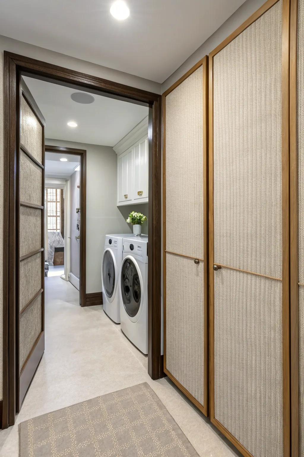 Textured textile panel doors add a gentle elegance to a hallway laundry space.