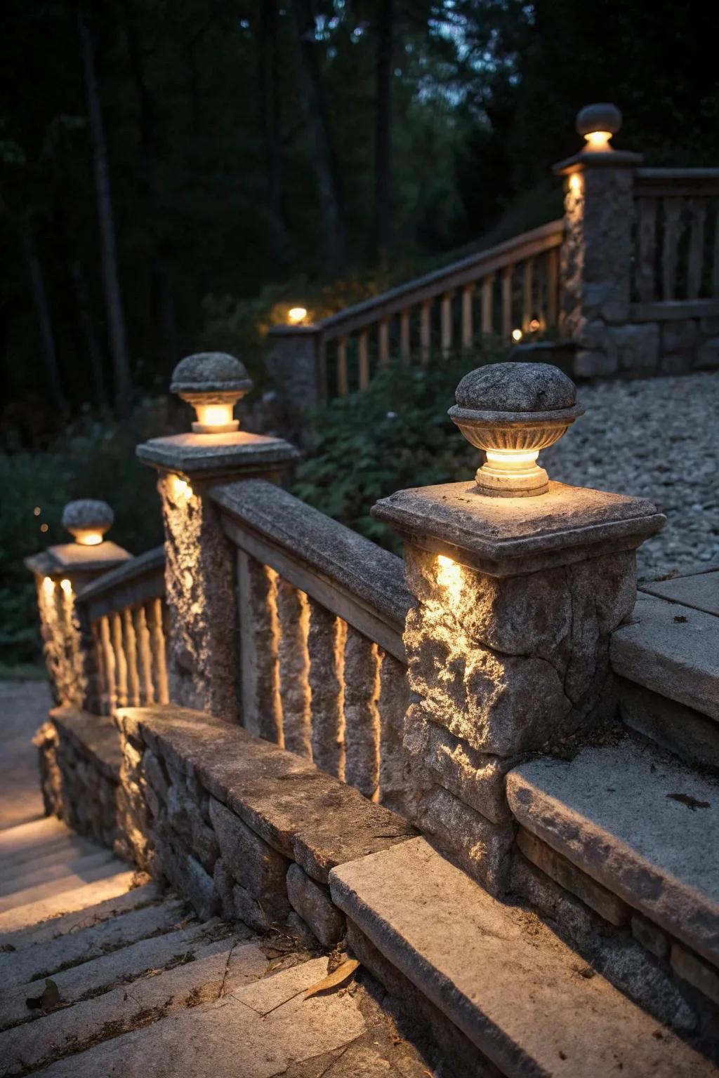 Hidden lighting in rock railings adding an enigmatic touch
