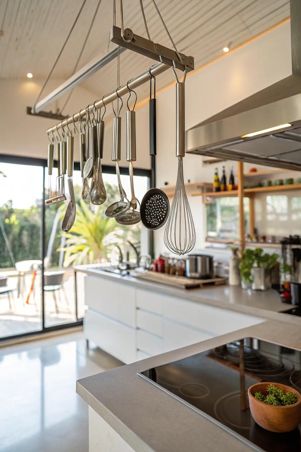 Improve cooking area efficiency through a bar to suspend utensils.