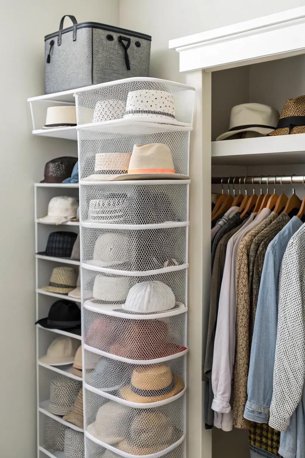 Hats kept in mesh organizers.