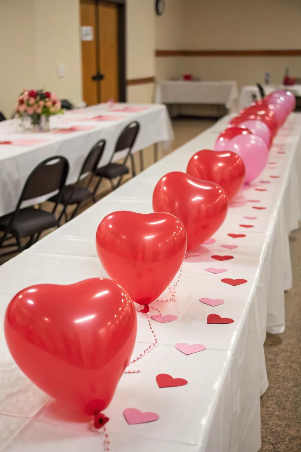 A distinctive heart balloon table path for standout ornamentation.