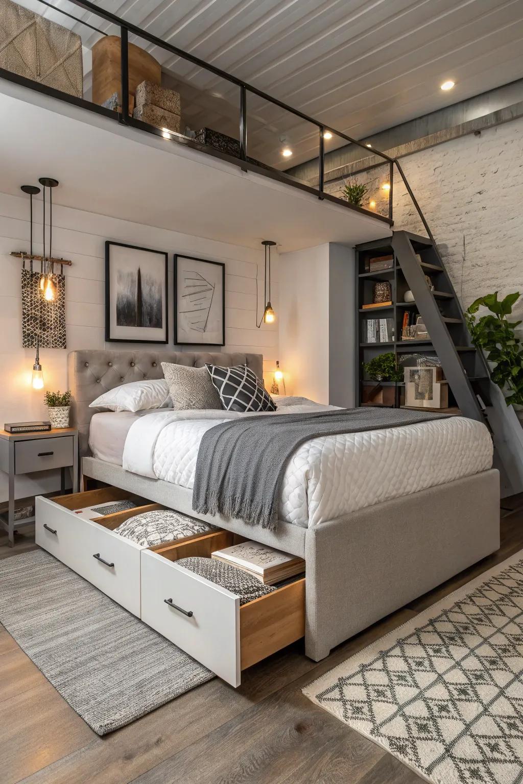Elevated platform bed with integrated storage