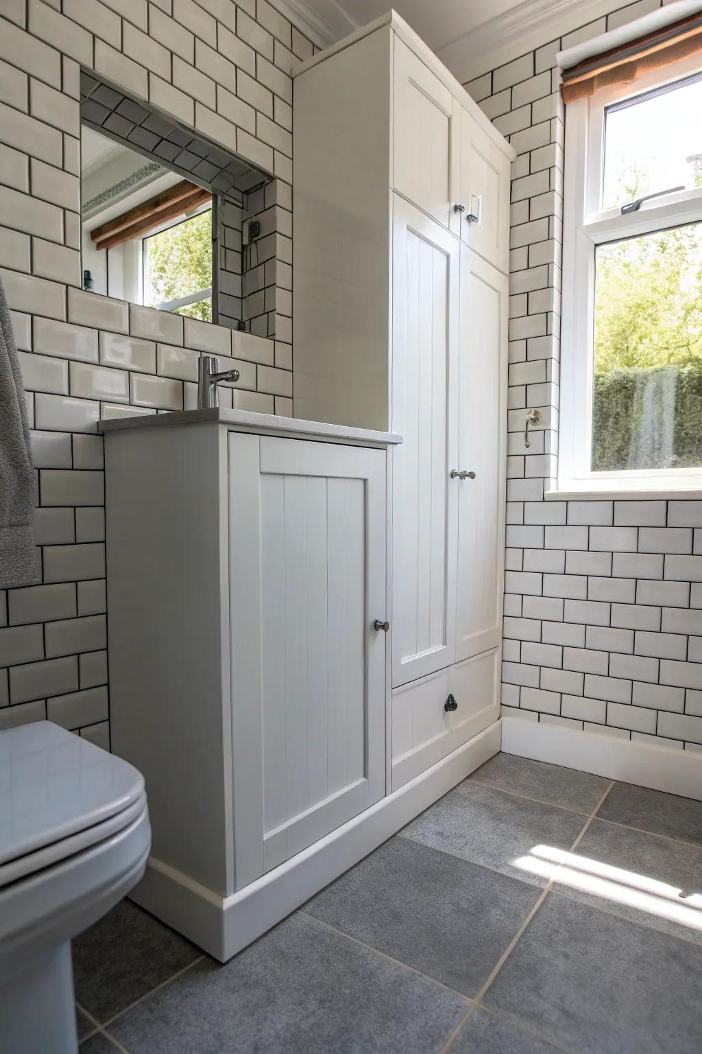Tiles cleverly concealing a medicine cabinet in a seamless design.