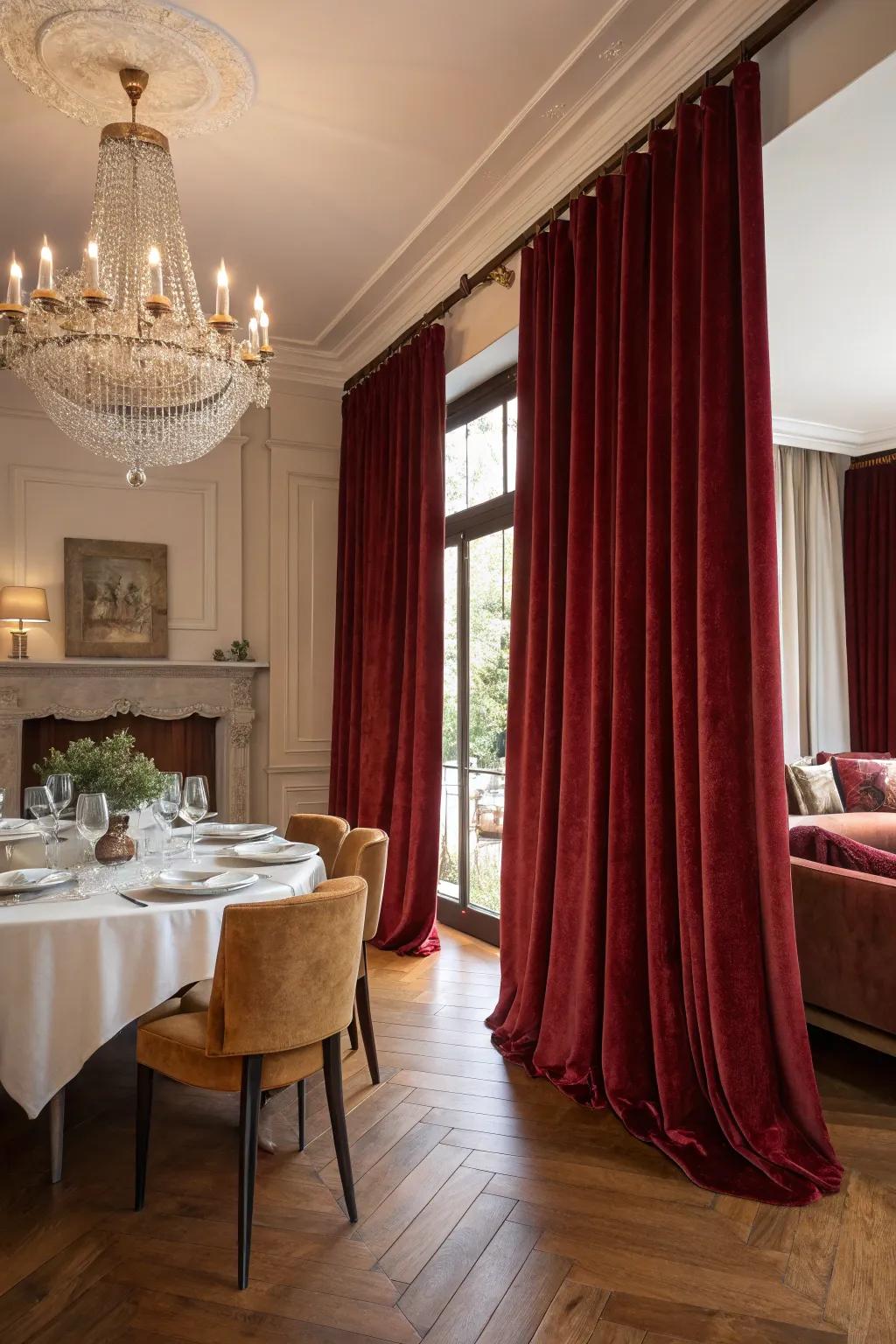 Window coverings add drama and elegance, enhancing the room's overall aesthetic.