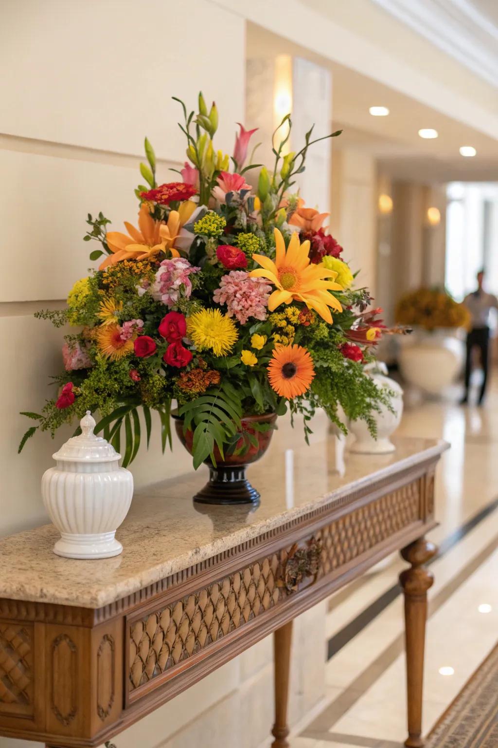 Vibrant botanical formations transform console tables.