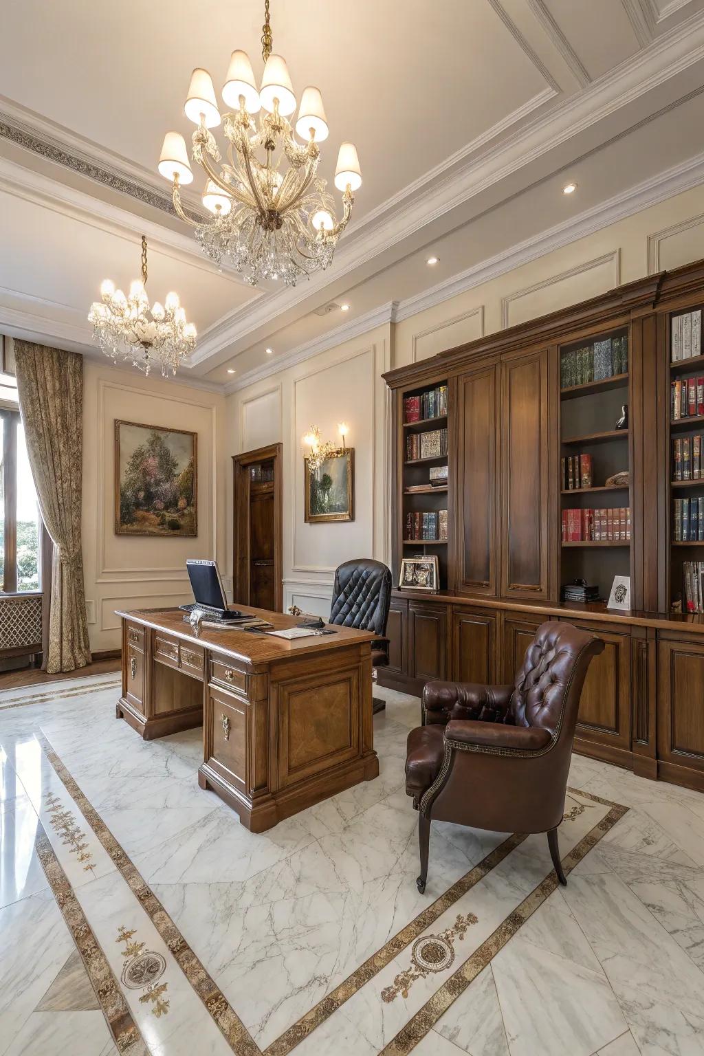 Marble flooring adds luxury and sophistication, enriching your office.