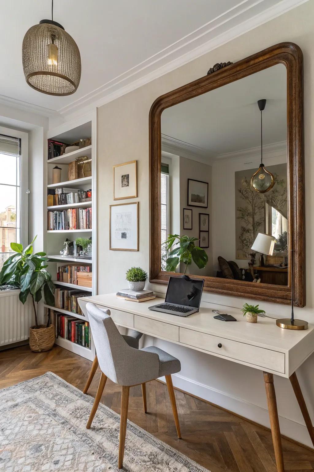 Mirrors enhance light and expand space in a home office.