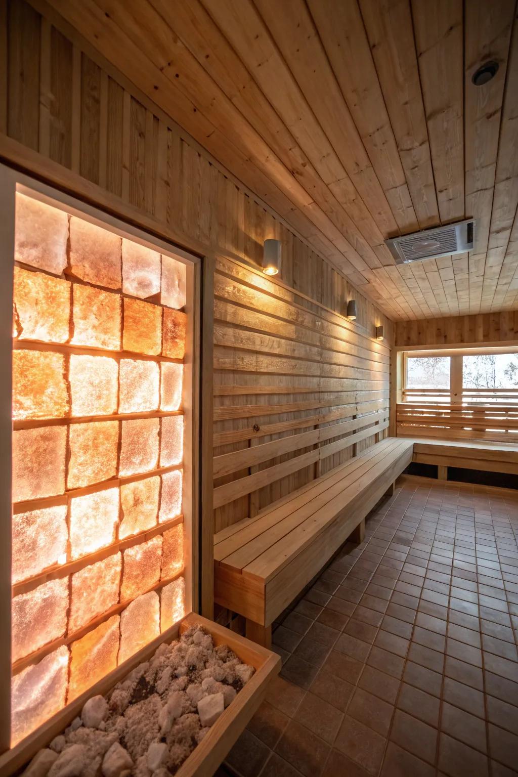 A saline wall provides health gains and a peaceful shimmer to this sauna.