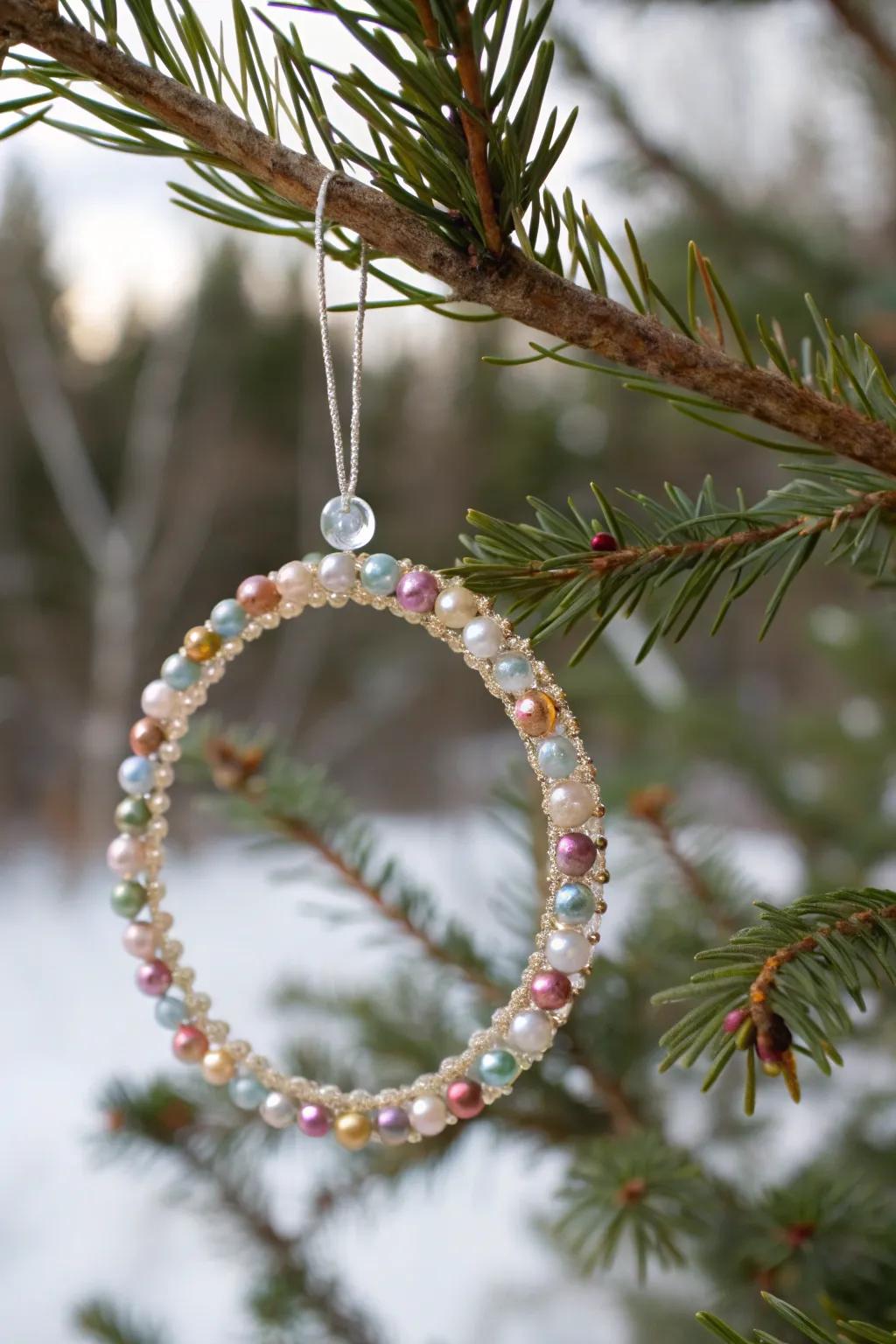 Intricate beaded wreath ornaments adding a delicate touch to the holiday tree.