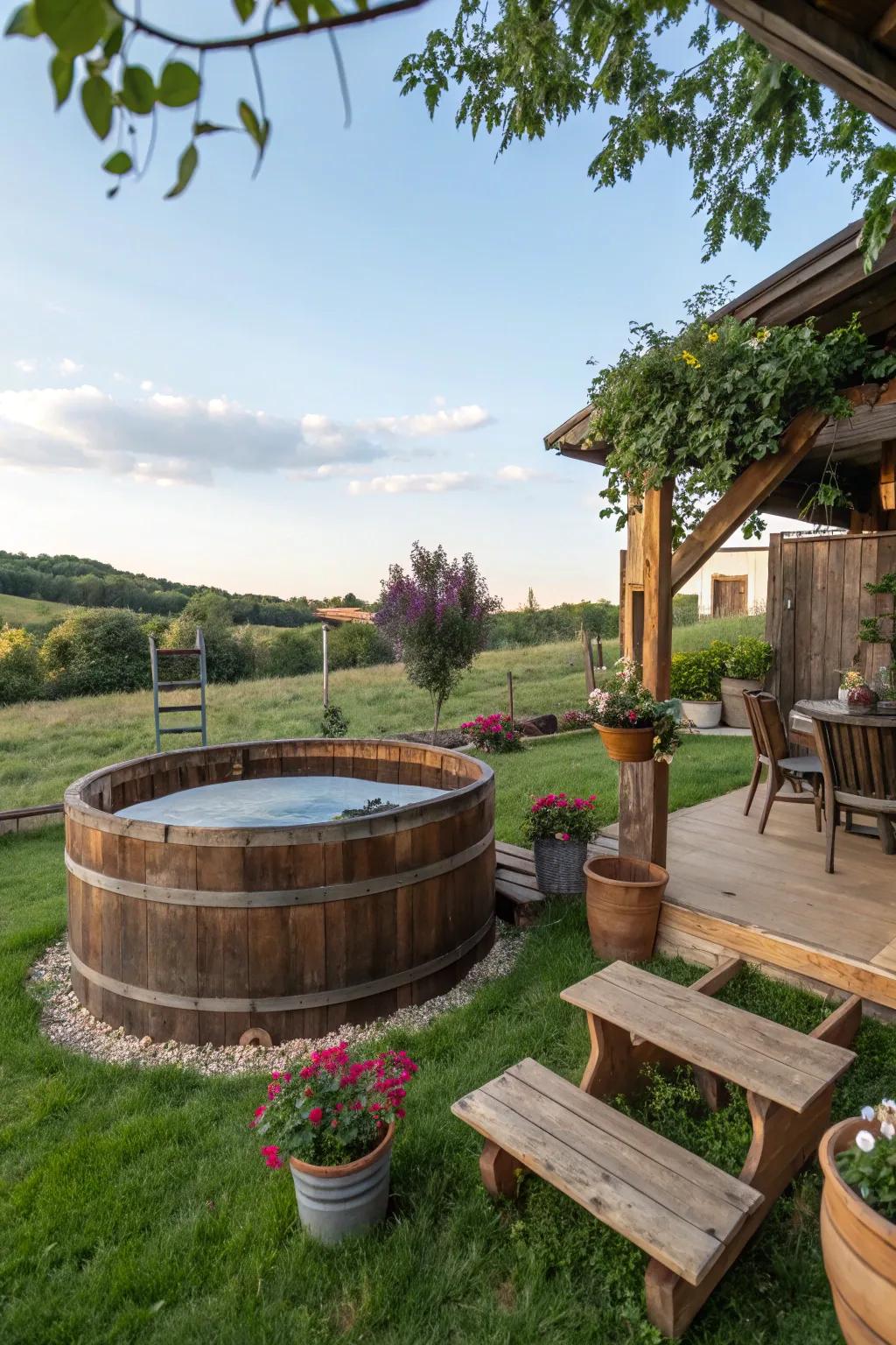 A charming countryside wooden tank pool for a countryside vibe.