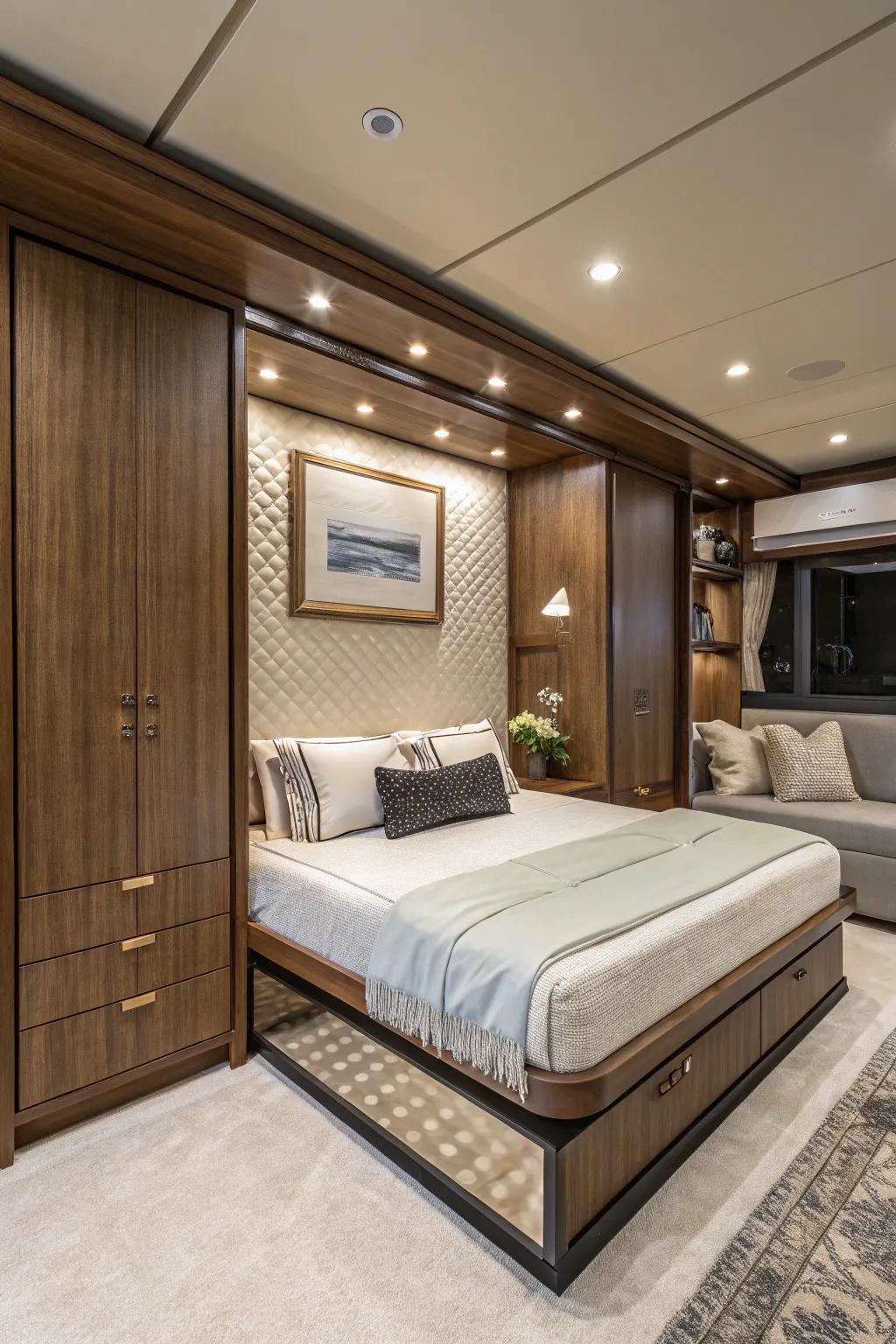 Quiet luxury in a room having a hideaway bed, showing style and design.