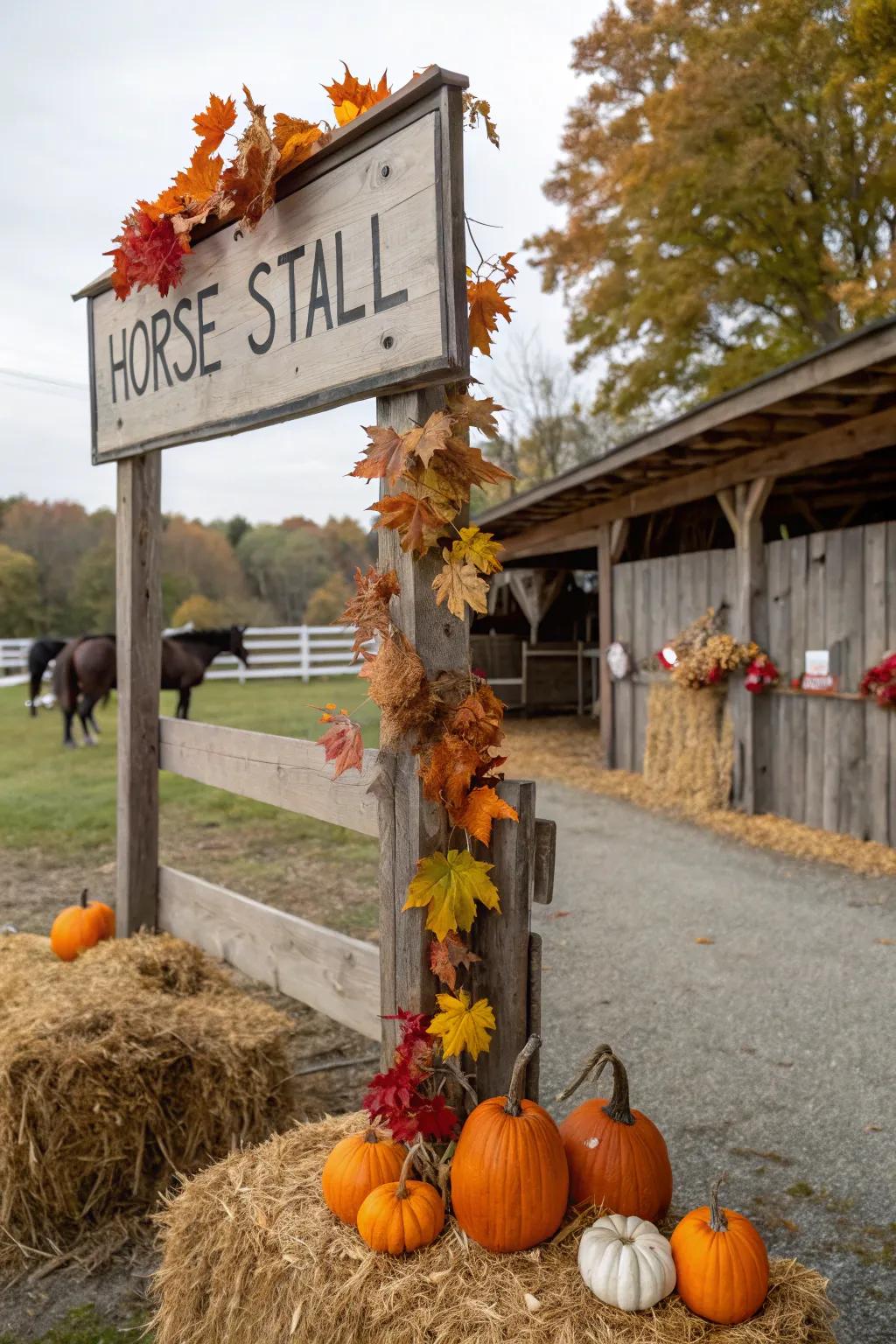An equine stall marker adorned with seasonal trimmings.