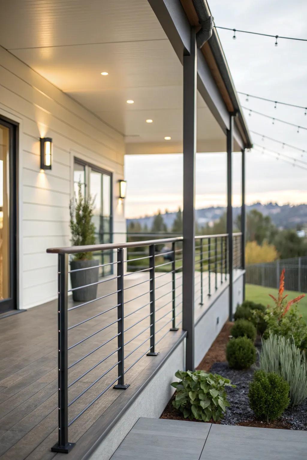 Sleek railings furnish safety and style on this modern porch.