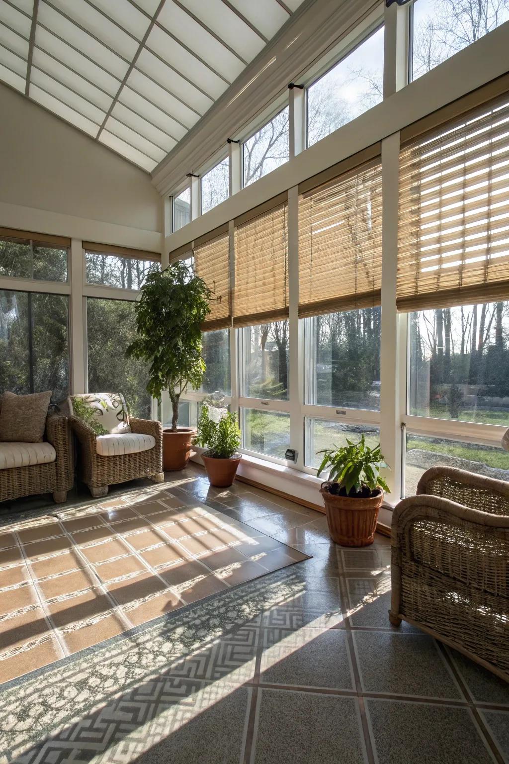 Light bounce shades aid in managing heat and light, perfect for sunny locations.