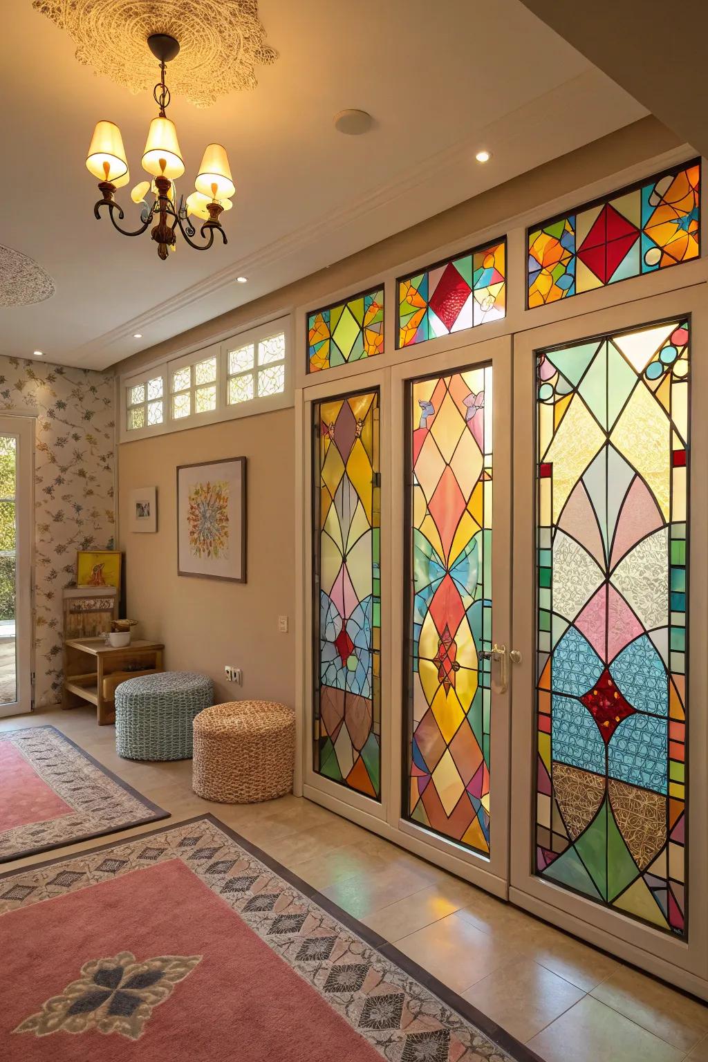 Colored glass overlay adds vibrant artistry.
