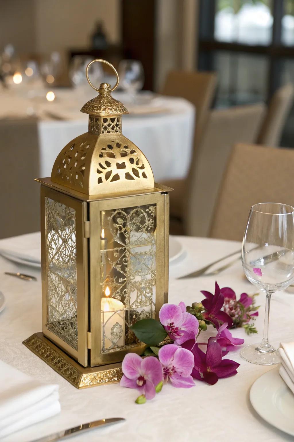 Glamorous gilt lantern showcasing sumptuous floral exhibition.