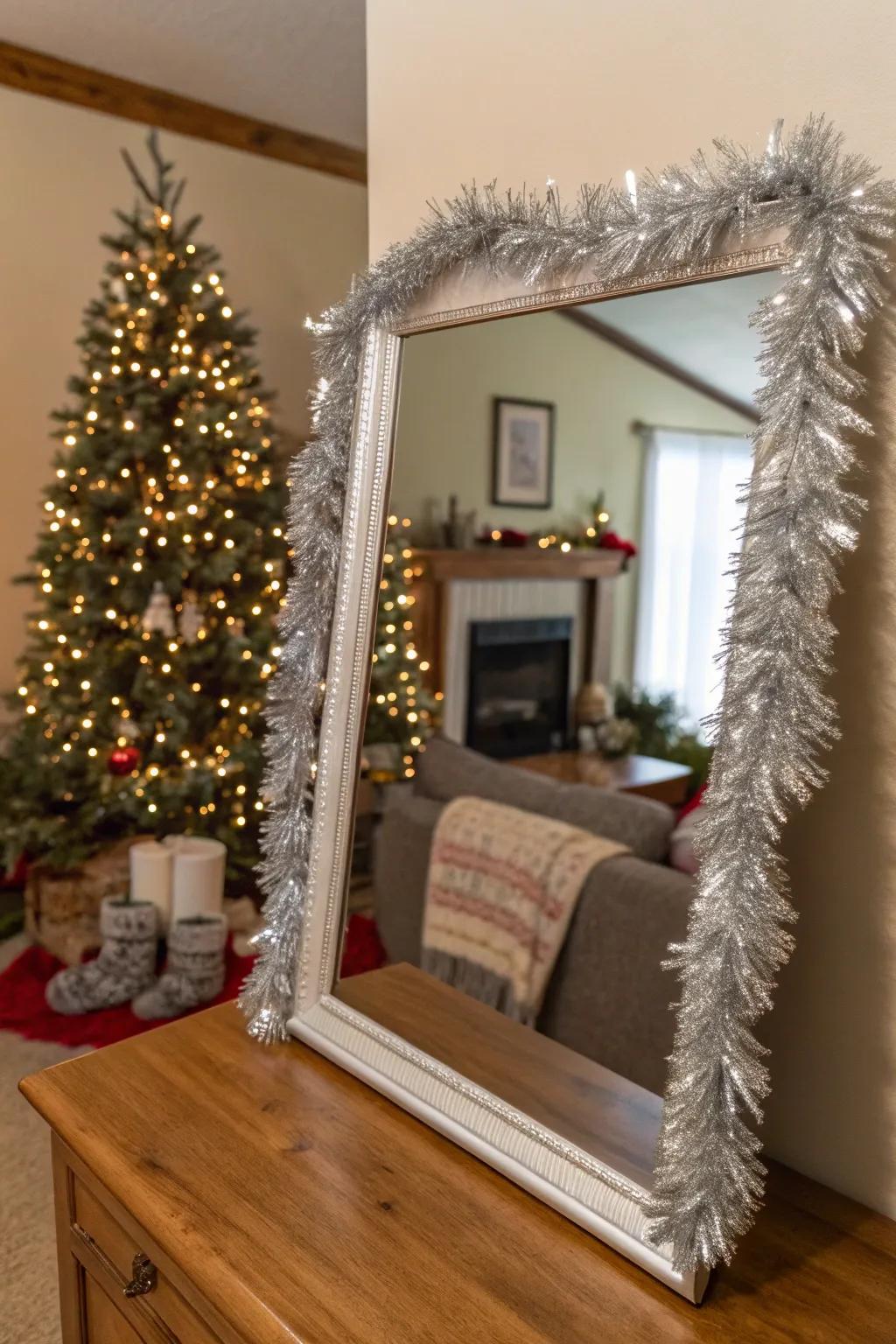 A looking glass beautifully enclosed with shimmer strands.