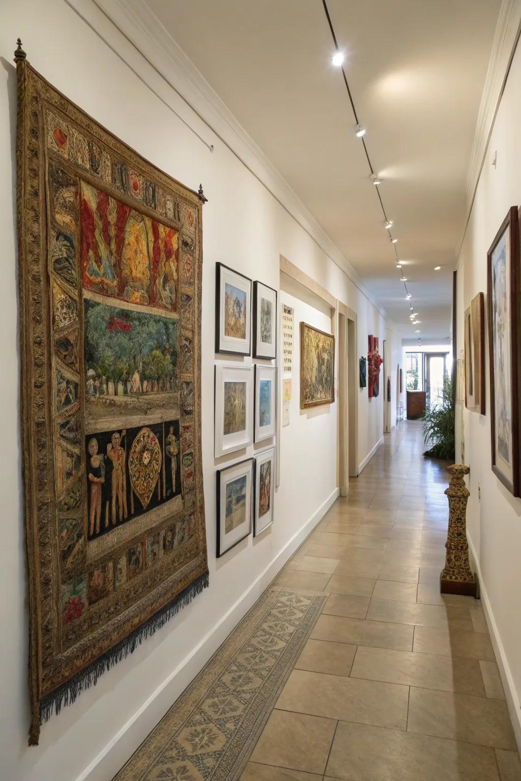A gallery partition featuring a textile heightens artistic flair.