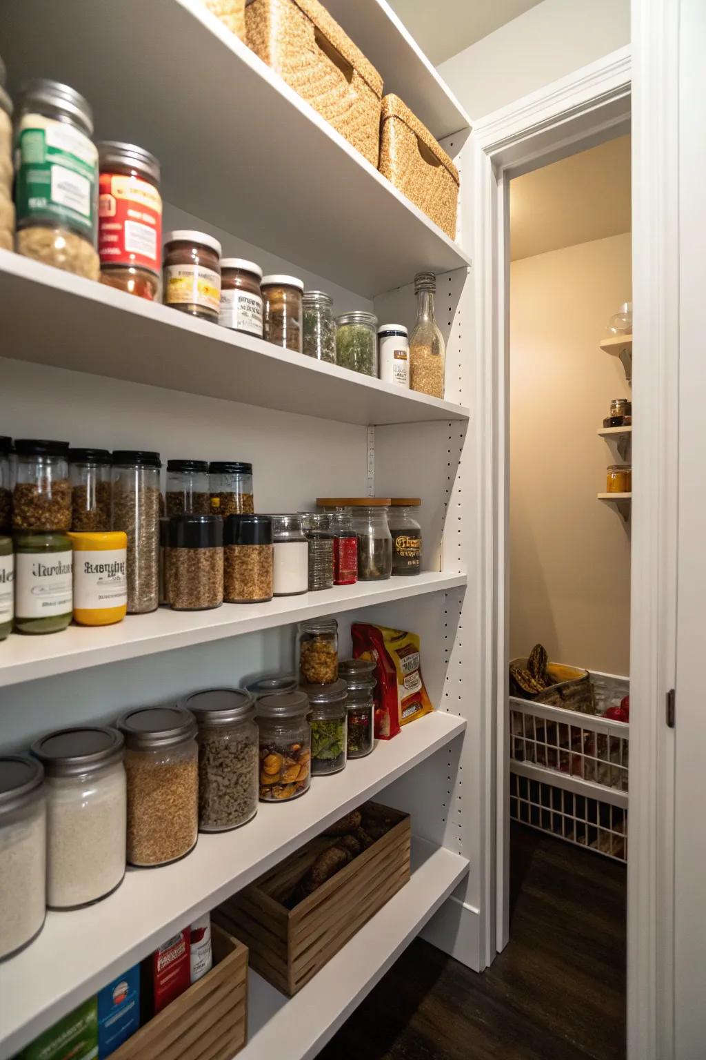 Shallow shelves make the most of space in a small pantry.