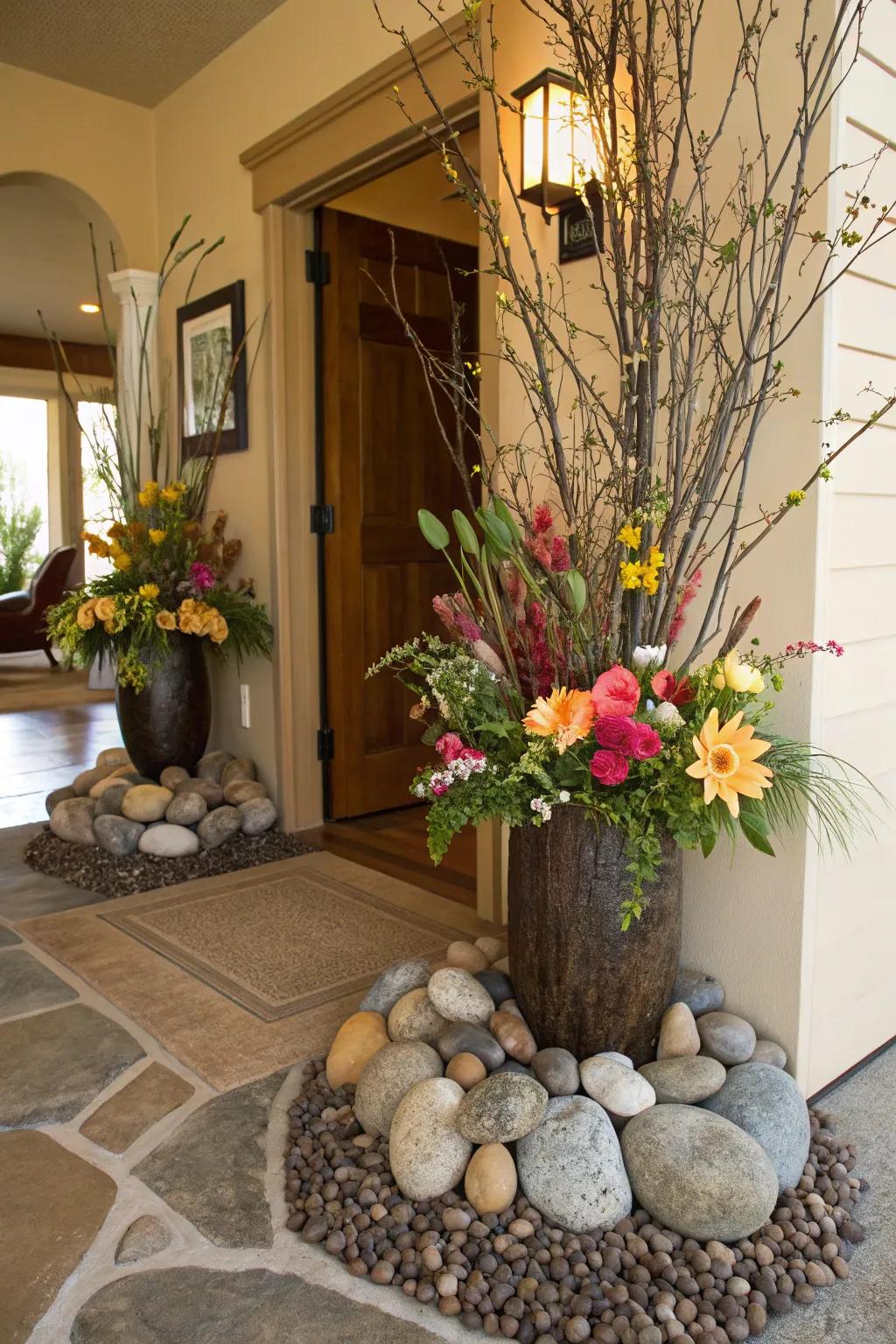 An artistic arrangement amalgamating flowers with stones and branches.