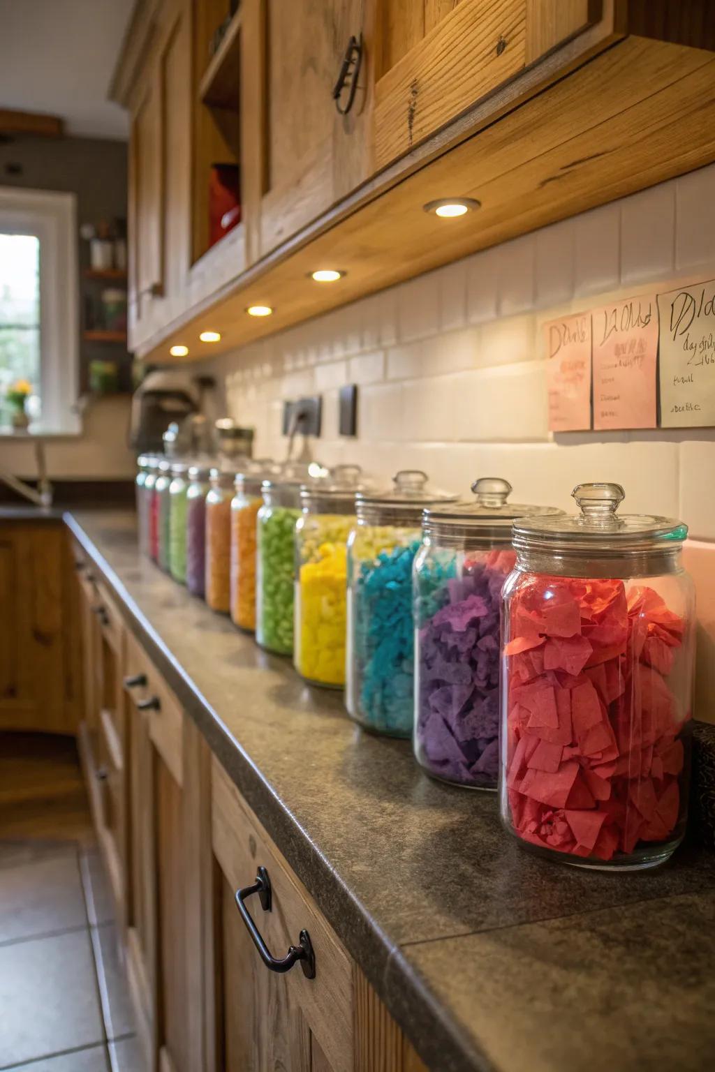 Crystal containers present small tissue paper sheets decoratively.