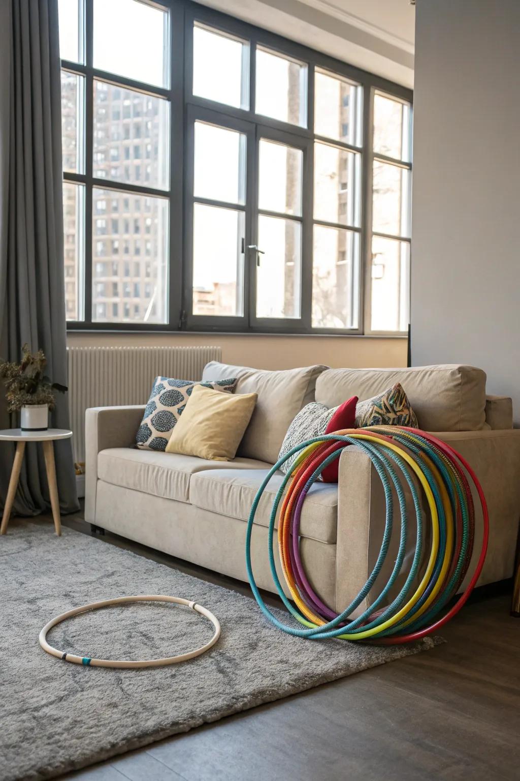 Playful rings nestled behind a sofa, cleverly concealed yet readily retrievable.