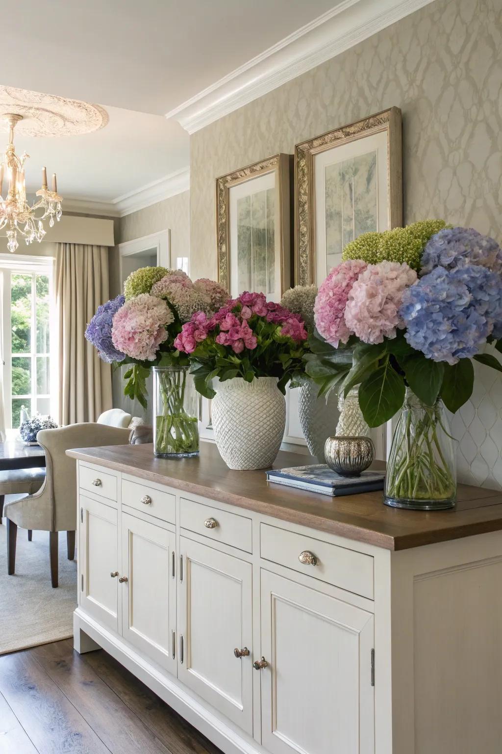A chic sideboard display of cloudburst blooms in different vases.