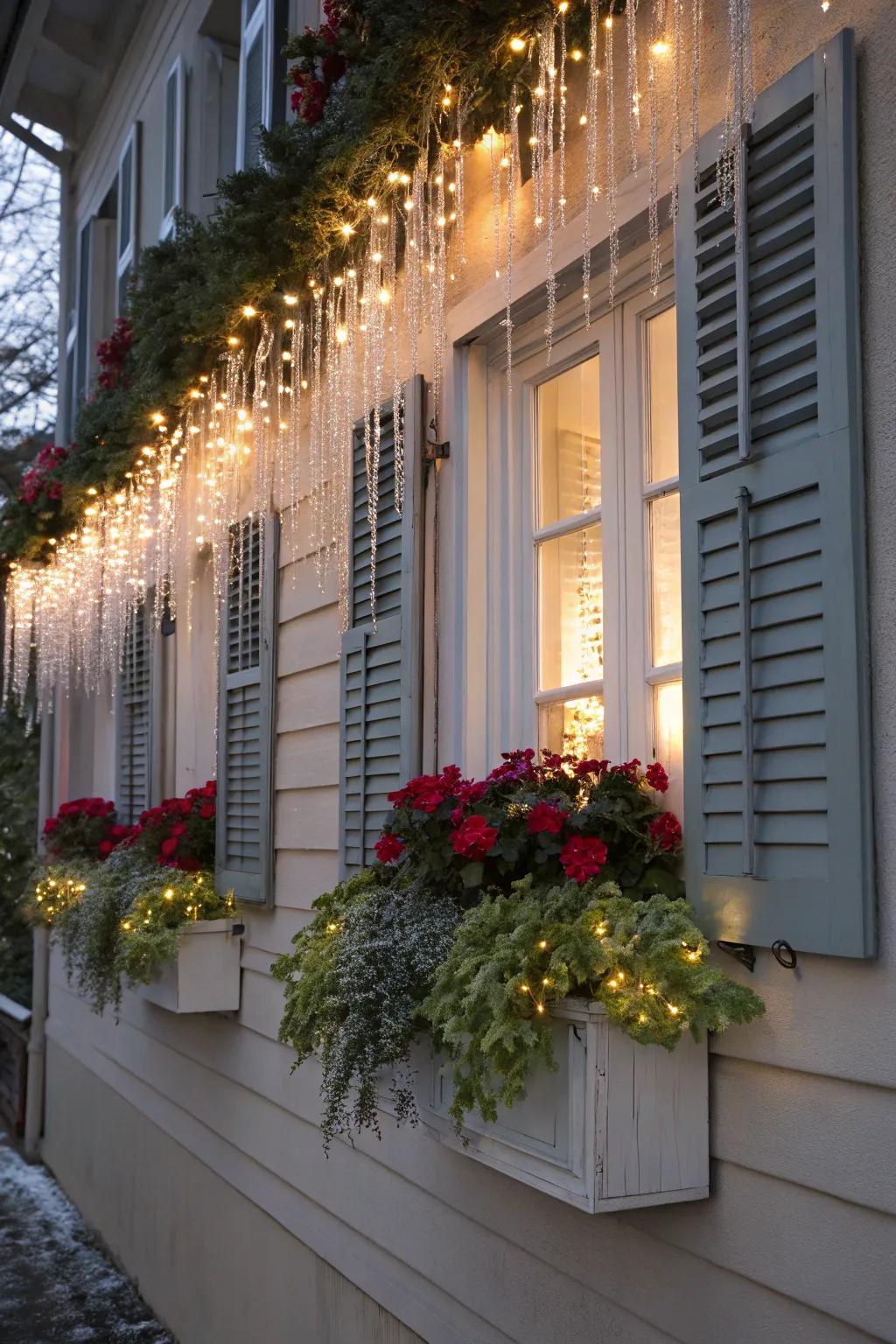 Window boxes sparkling with dazzle lights, bestowing allure upon the home's exterior.