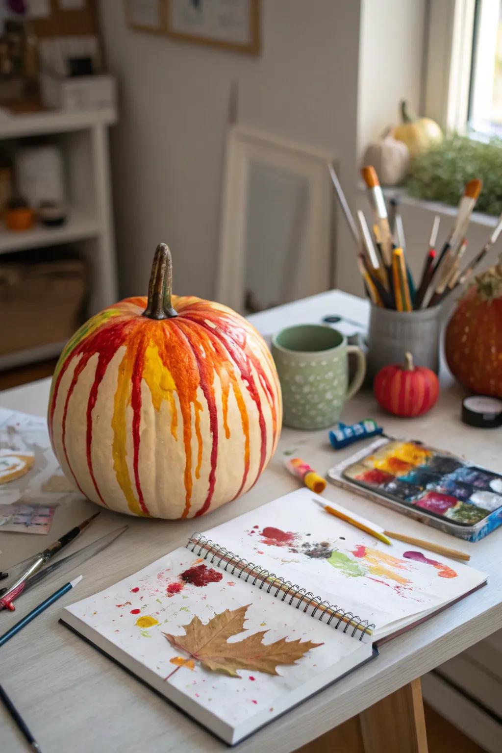 A pumpkin with wax cascades yielding an artistic and vibrant display.