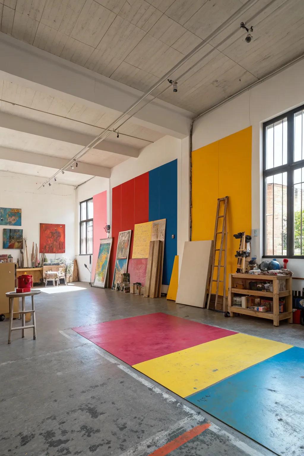 Vibrant hue partitioning across a resin floor infuses this artisan studio through dynamism and inventiveness.