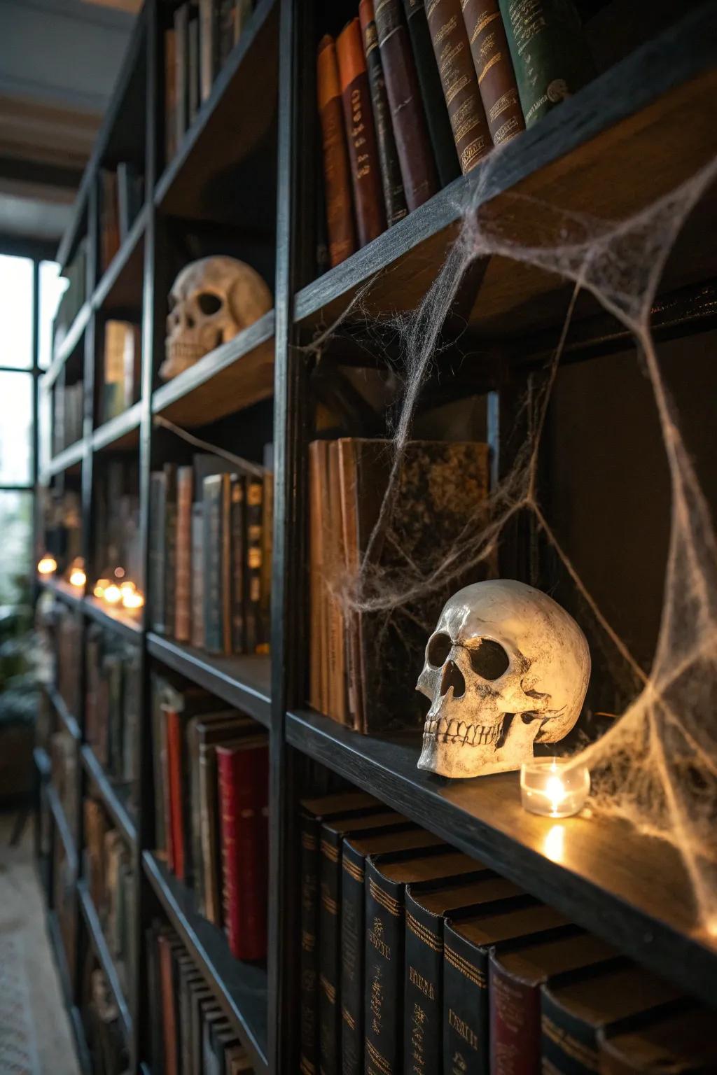 An apparition bookshelf adding Halloween magic.