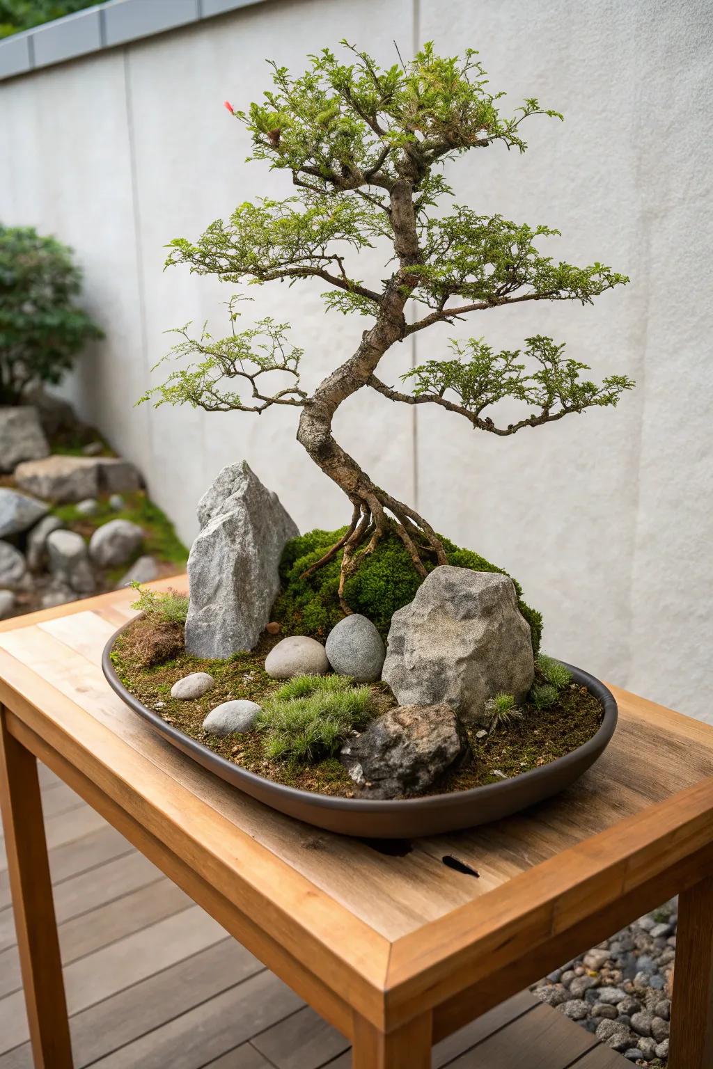 A bonsai rock garden is a captivating coalescence of art and nature.