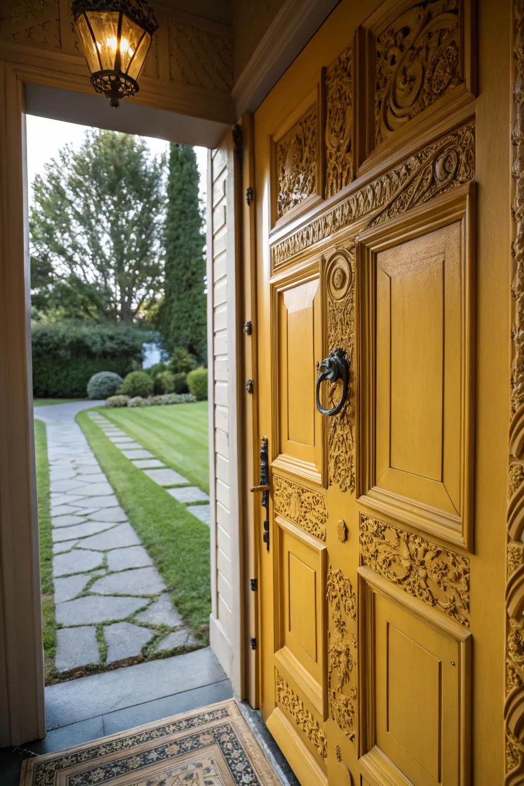 A straw yellow door creating a warm and inviting entryway.