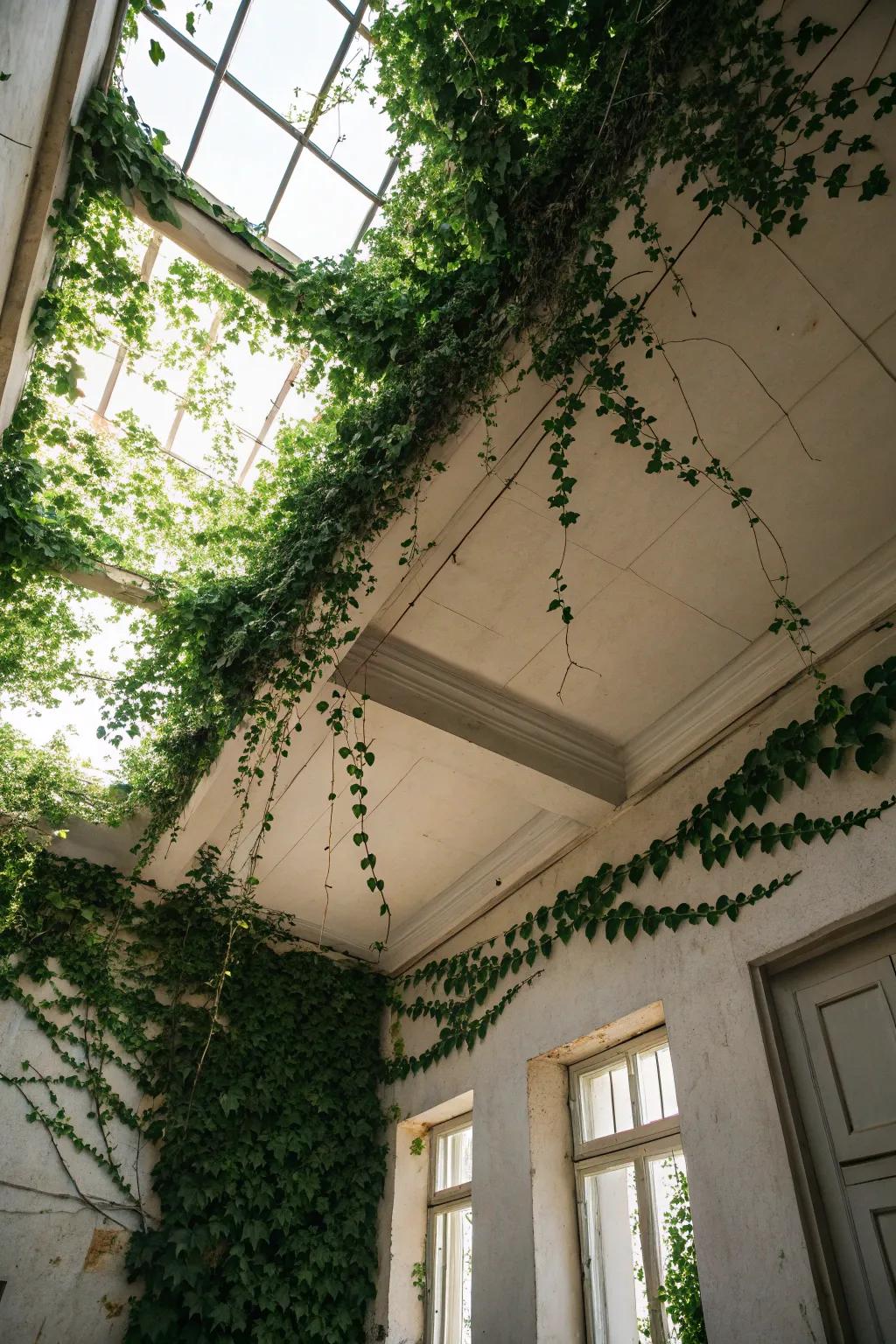An unexpected greenery overhead introducing a distinctive accent to the room.