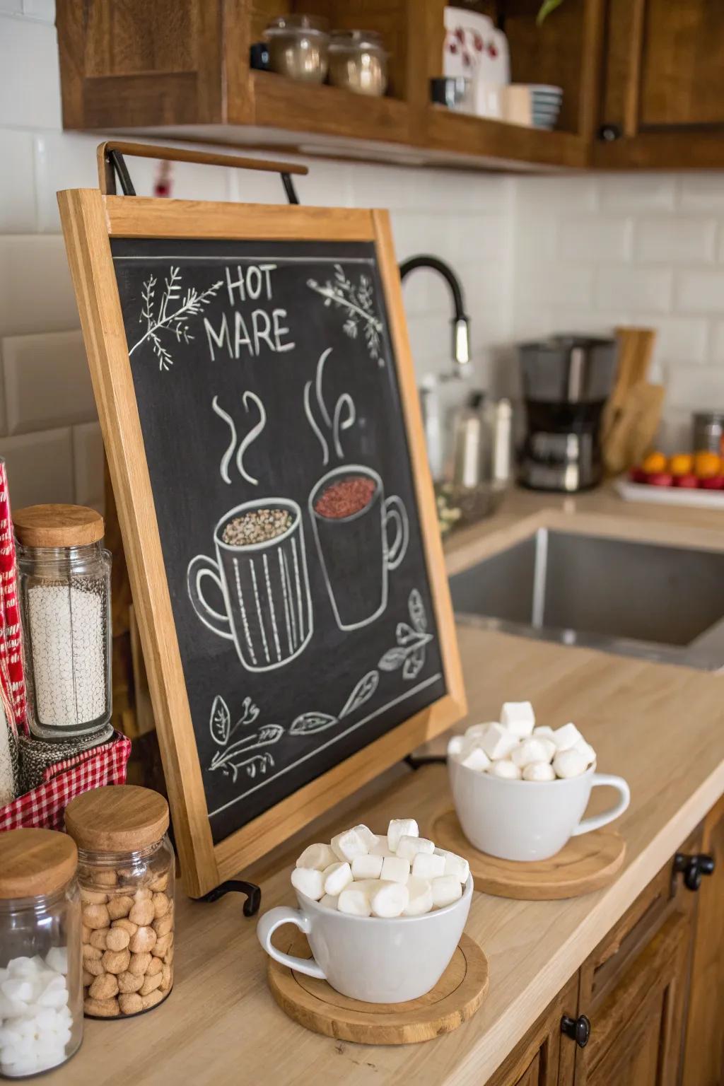 Welcome visitors through a warm cocoa station illustration.