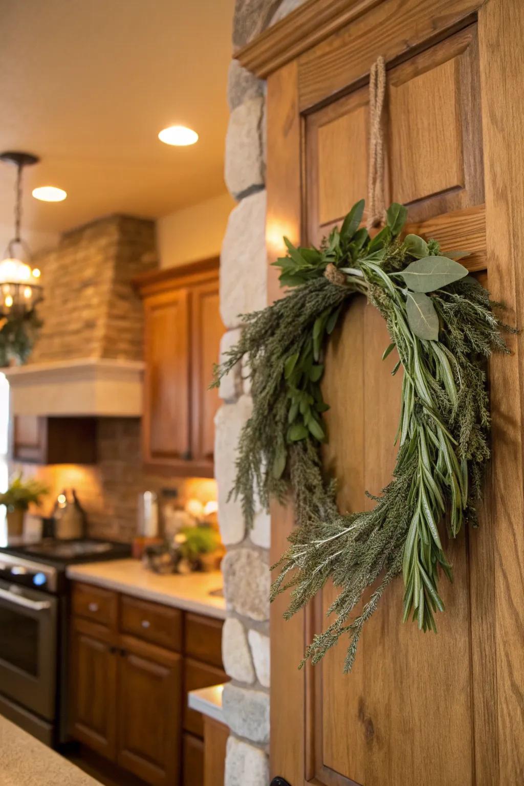 Herbs such as rosemary introduce a revitalizing and fragrant touch to winter garlands.