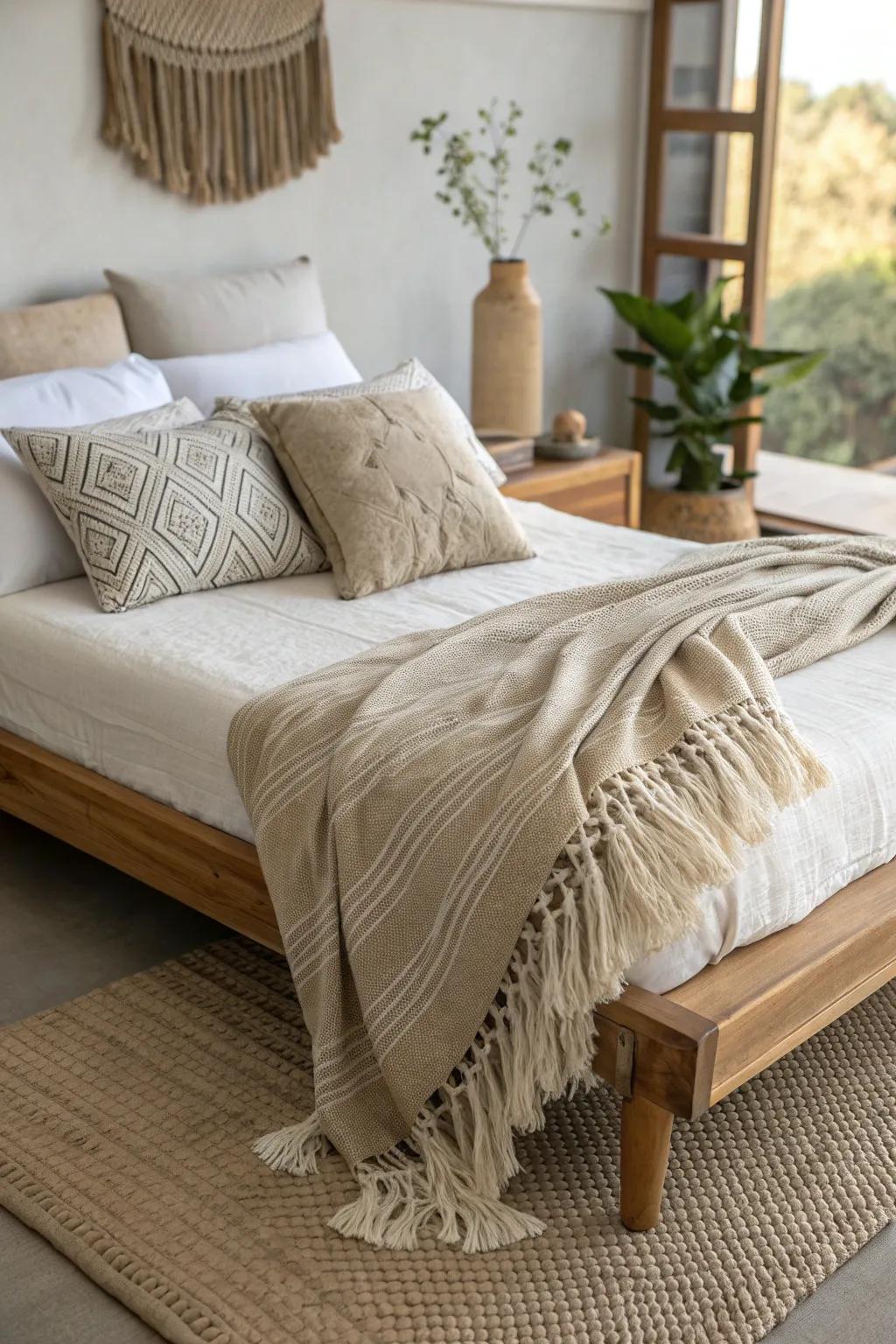 Handmade textiles add character and warmth to this unique Japandi sanctuary. #ArtisanDesign #HandmadeHome