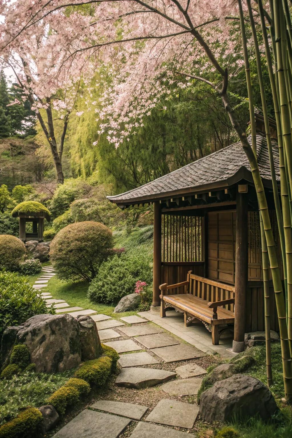 A cozy hidden nook perfect for peaceful reflection in the garden.